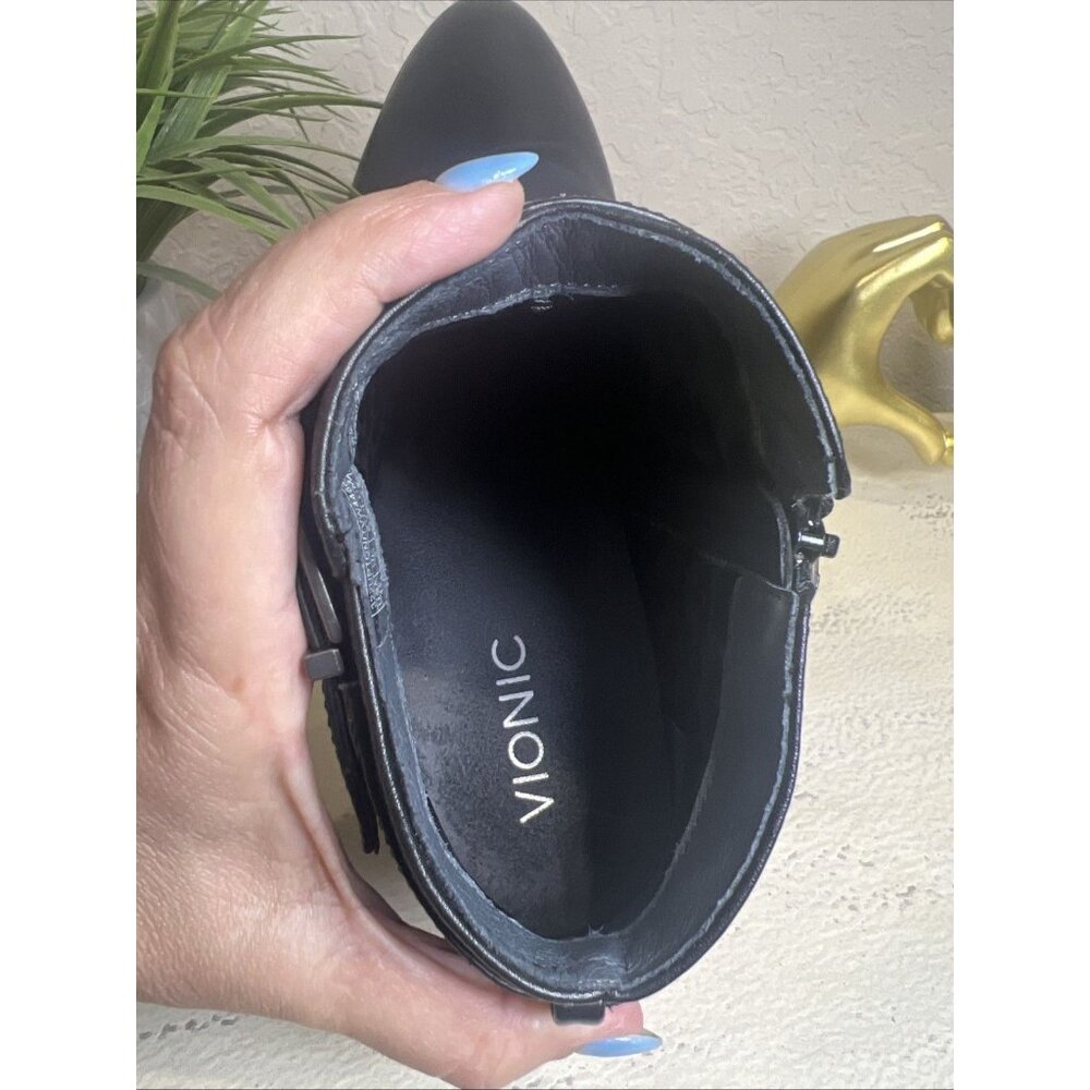 VIONIC Black Leather Zip Bootie Wood Stack Heel Size 11 - Picture 10 of 14